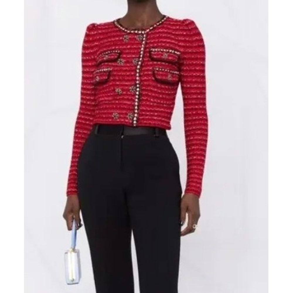 Self-Portrait Red Melange Cropped Knitted Faux Cardigan Sweater Wool Cotton US 4